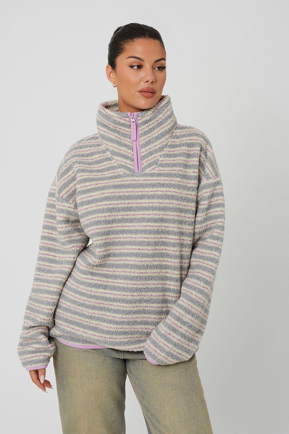 Sherpa Fleece Striped Print Sweatshirt by BRAVE SOUL