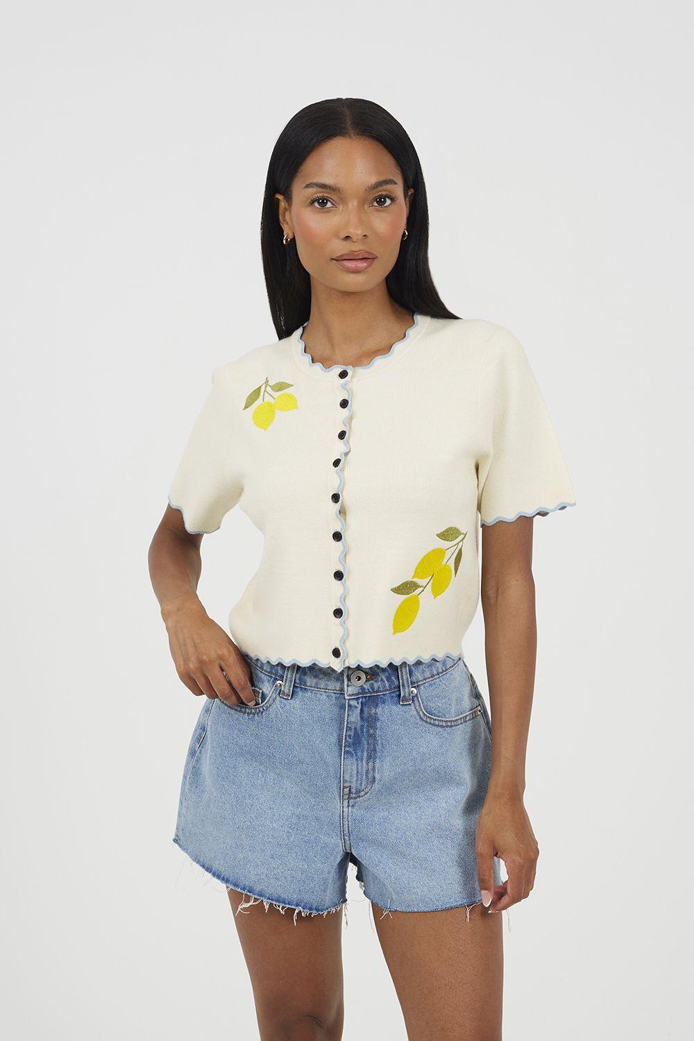 Short Sleeve Cardigan With Lemon Embroidery by BRAVE SOUL