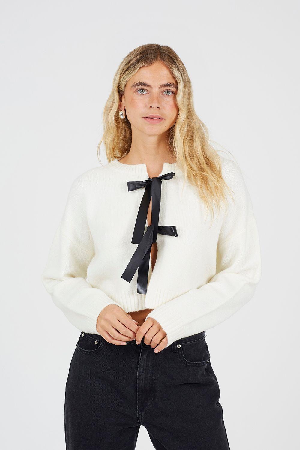 Soft Knit Cardigan with Bow Tie by BRAVE SOUL