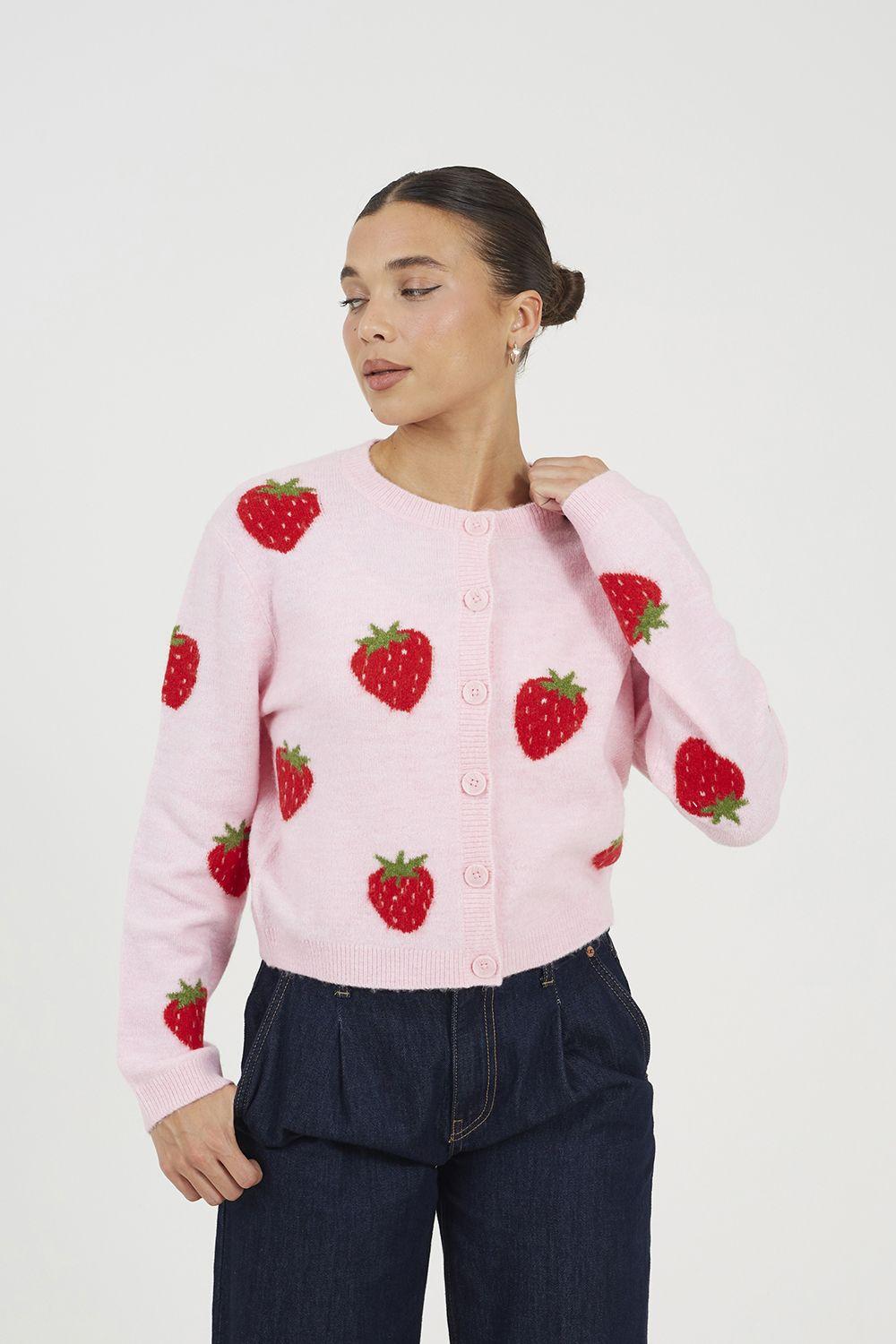 Soft Touch Strawberry Jacquard Knit Cardigan by BRAVE SOUL