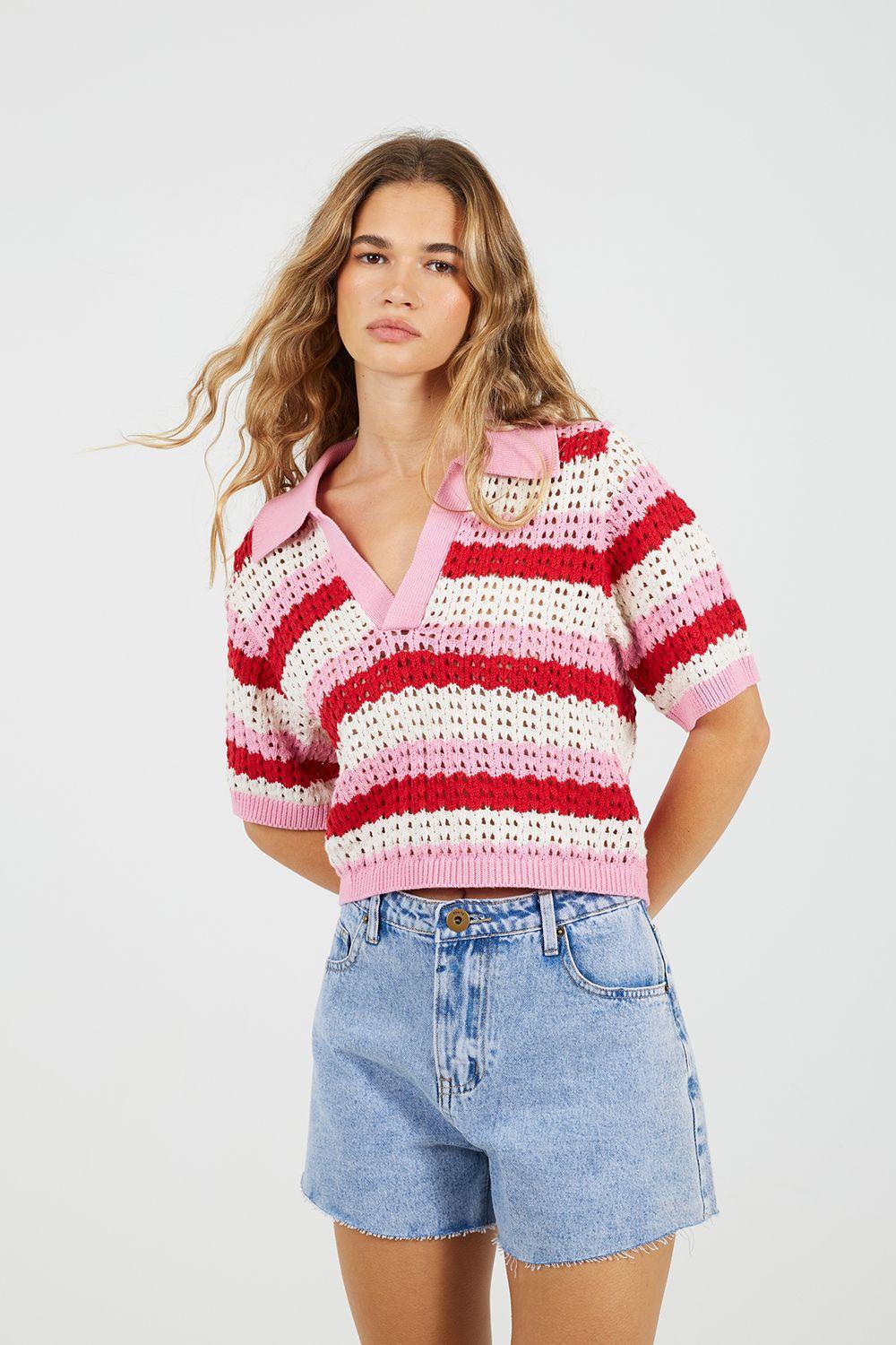 Stripe Pointelle Knit Collared T-Shirt by BRAVE SOUL