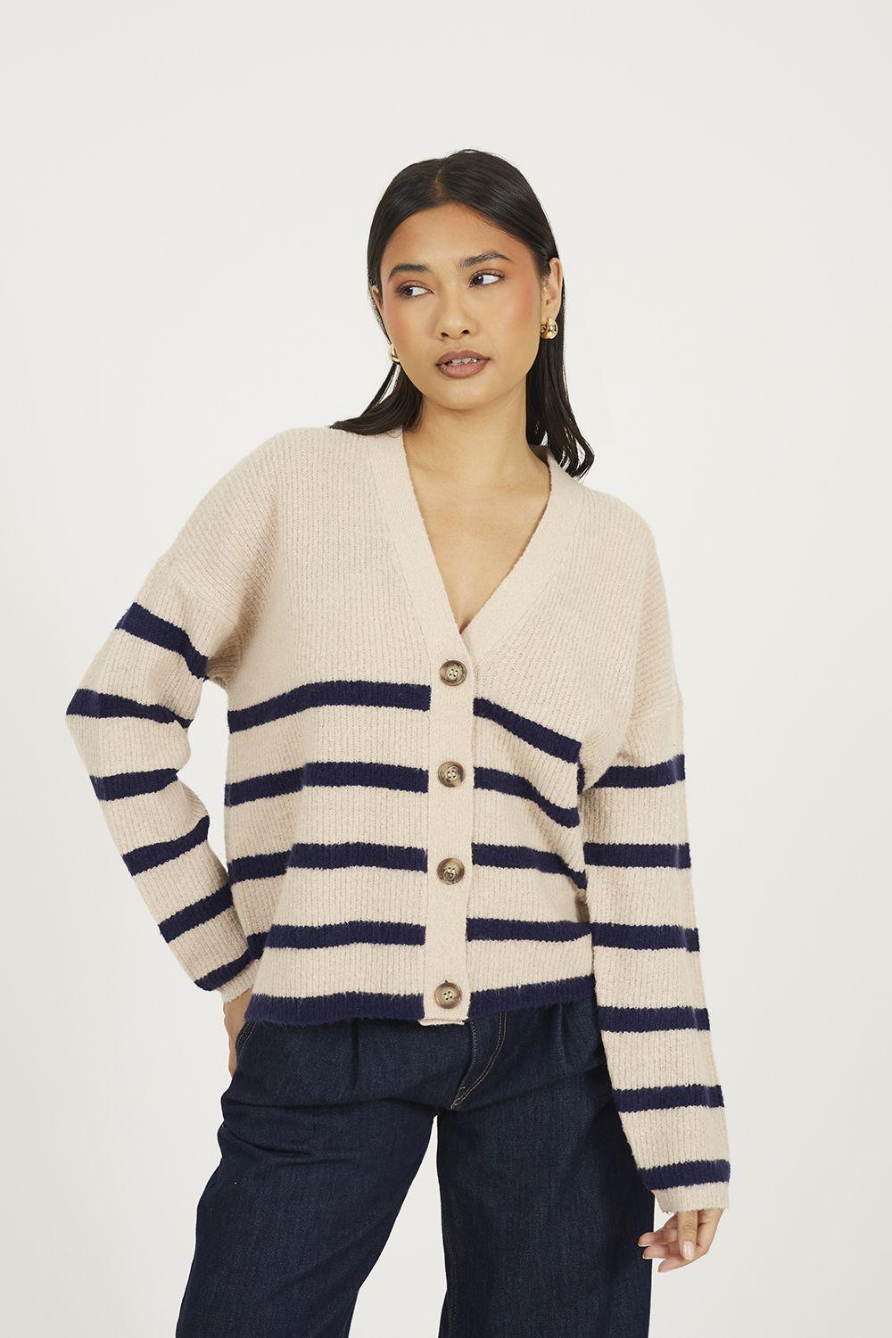 Stripe V-Neck Fisherman Knit Cardigan by BRAVE SOUL