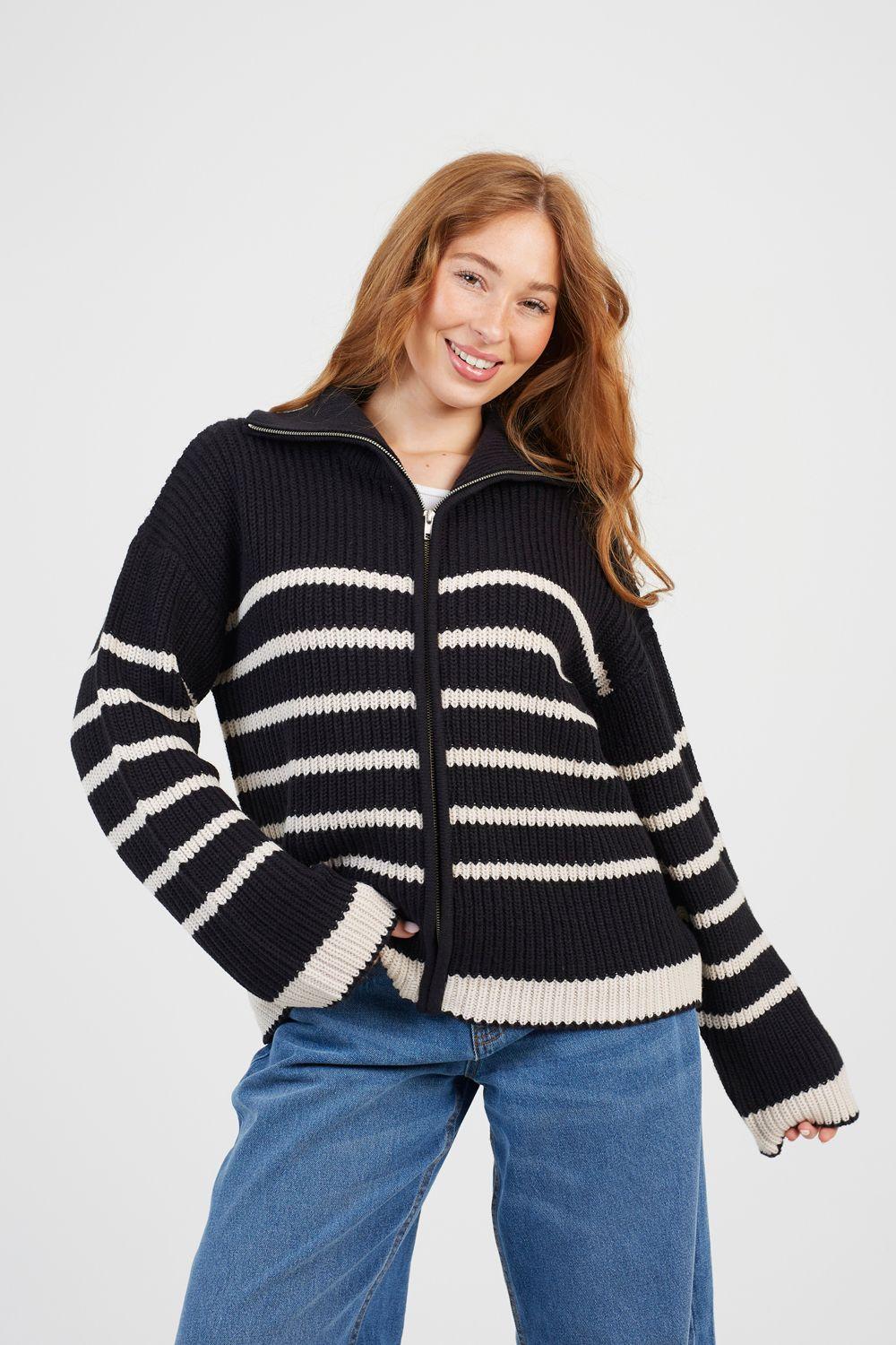 Stripe Zip Through Fisherman Knit Jumper by BRAVE SOUL