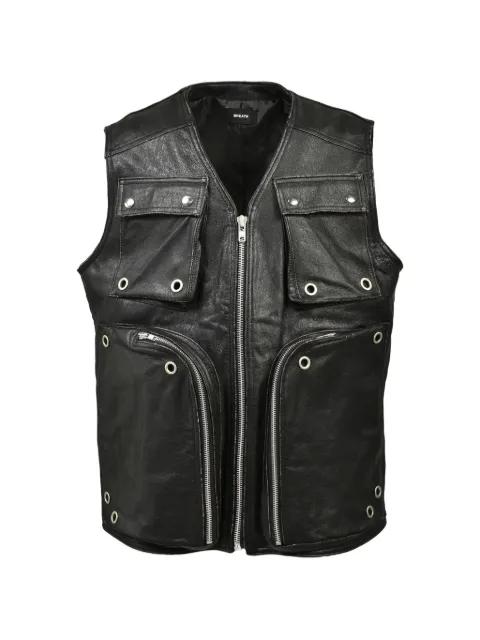 Grunge eyelet-embellished leather cargo vest by BREATH