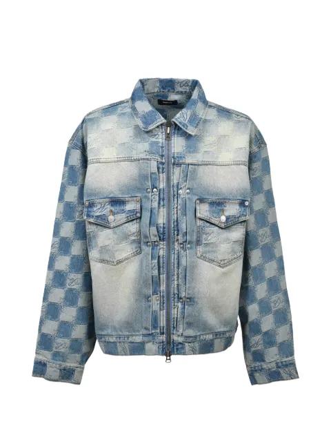 check-pattern distressed denim jacket by BREATH