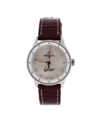 Navitimer Quartz Watch in Stainless Steel and Alligator with Diamond Markers and Mother of Pearl 32mm by  BREITLING