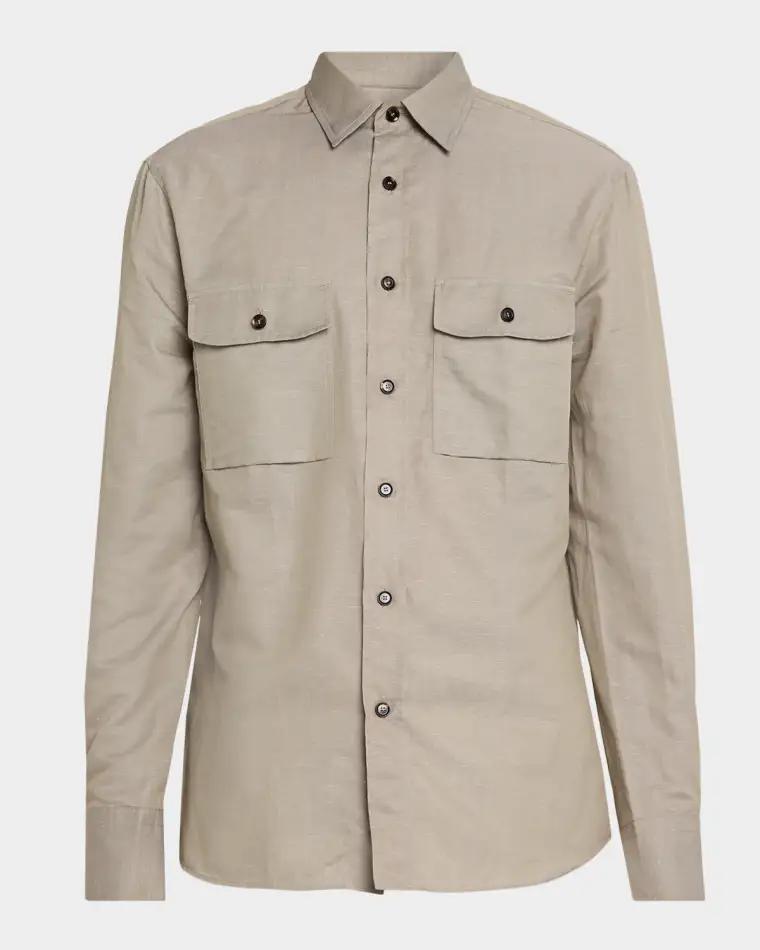 Men's Cotton and Linen Flap-Pocket Military Shirt by BRIONI