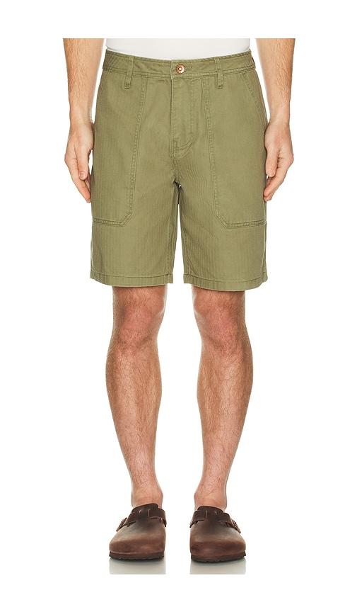 Brixton Surplus Vintage Wash Herringbone Shorts in Olive by BRIXTON