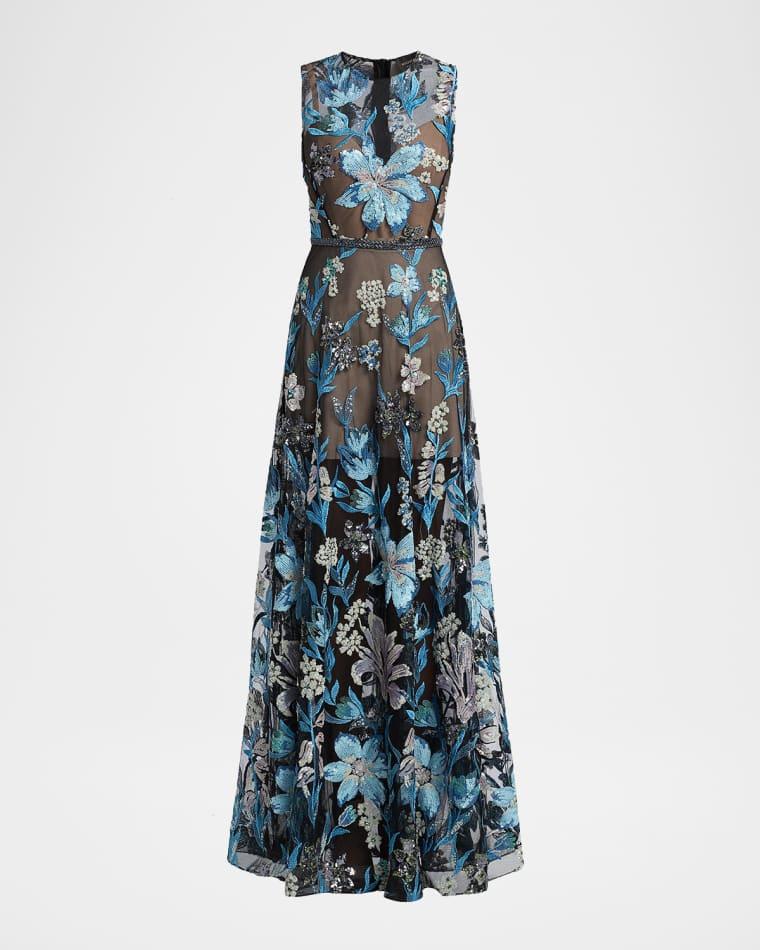 Arielle Sleeveless Sheer Floral Embroidered Gown by BRONX BANCO