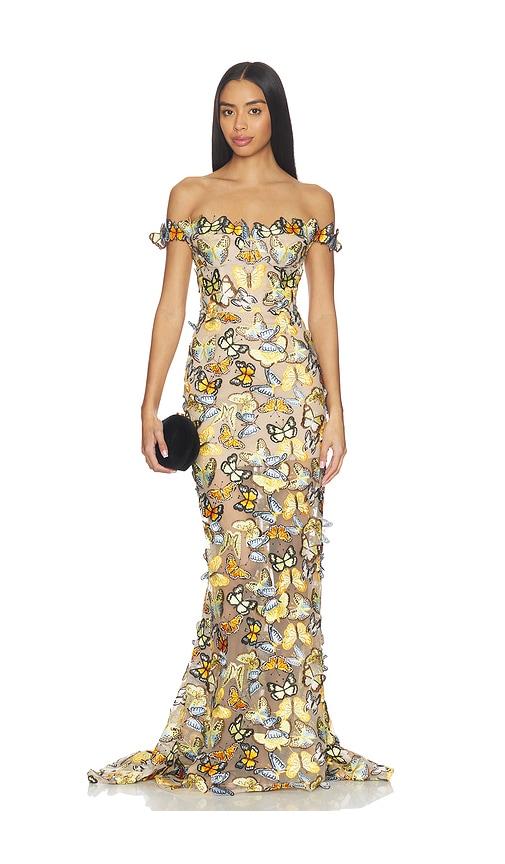 Bronx Banco Bella Butterfly Jasmine Off The Shoulder Gown in Tan,Orange by BRONX BANCO
