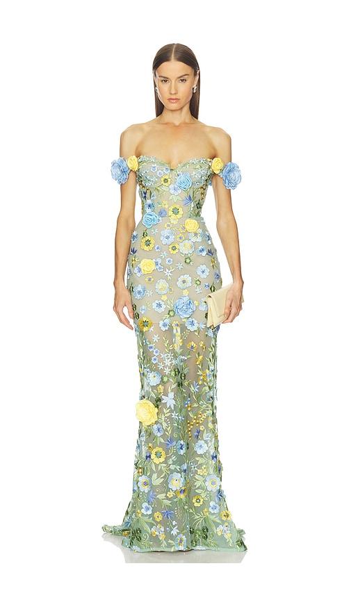 Bronx Banco Portofino Floral Jasmine Off The Shoulder Gown in Teal by BRONX BANCO