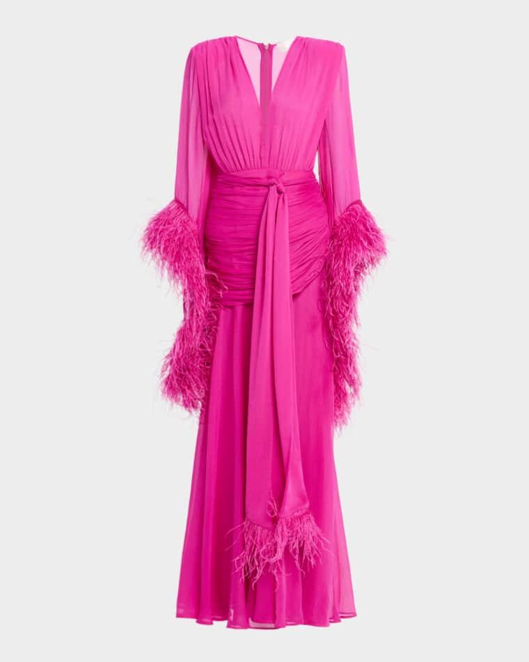 Geisha Feather-Trim Chiffon Gown by BRONX BANCO