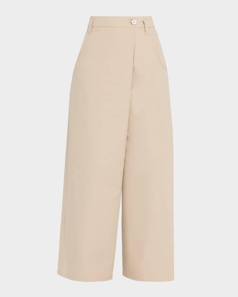 Asymmetric Waistband Rustic Cotton Twill Wide-Leg Pants by BRUNELLO CUCINELLI