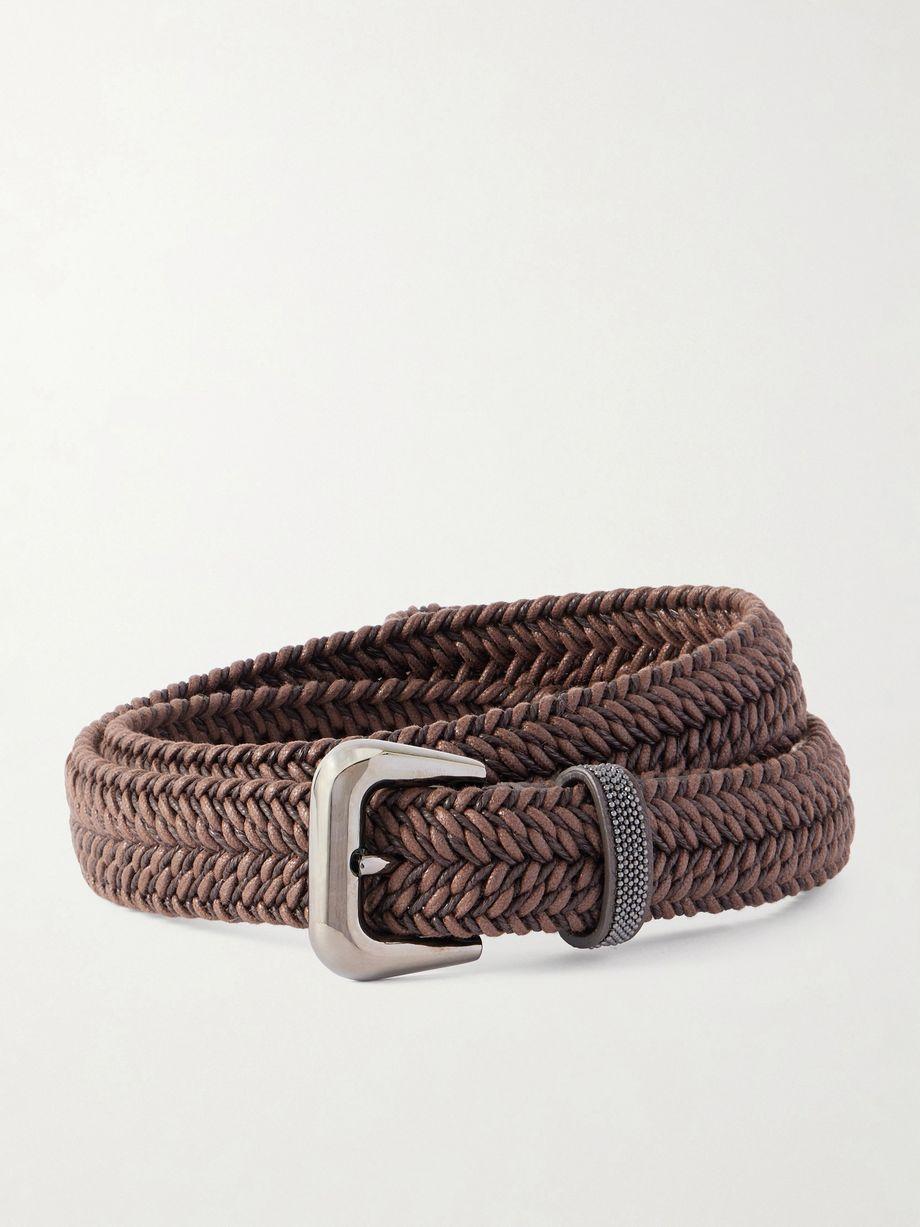Bead-embellished leather-trimmed woven belt by BRUNELLO CUCINELLI