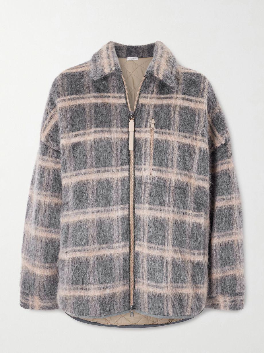 Bead-embellished padded checked brushed jacquard jacket by BRUNELLO CUCINELLI