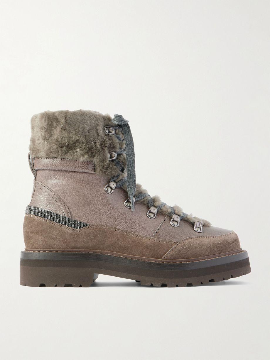 Bead-embellished shearling-trimmed leather ankle boots by BRUNELLO CUCINELLI