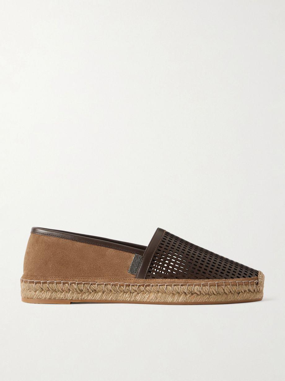 Bead-embellished suede and laser-cut leather espadrilles by BRUNELLO CUCINELLI