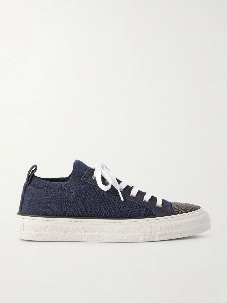 Bead-embellished suede-trimmed stretch-knit sneakers by BRUNELLO CUCINELLI