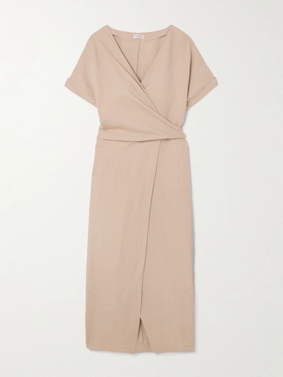 Bead-embellished woven midi wrap dress by BRUNELLO CUCINELLI