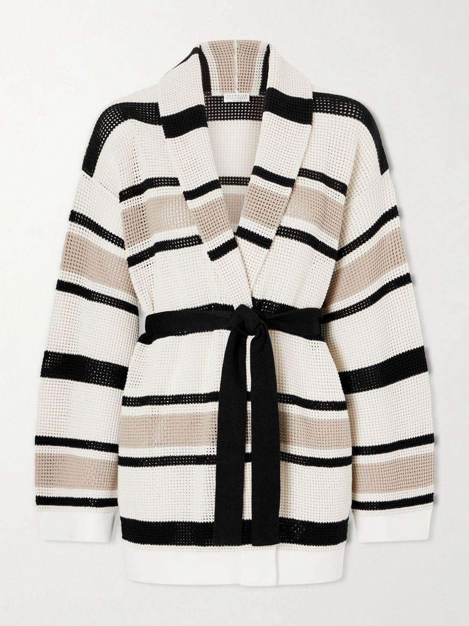 Belted open-knit striped cotton cardigan by BRUNELLO CUCINELLI