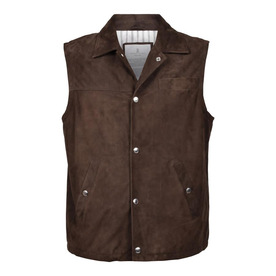 Brunello Cucinelli Brown Suede Sleeveless Jacket by BRUNELLO CUCINELLI