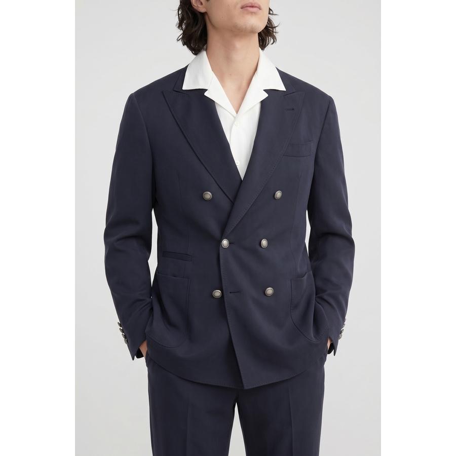 Brunello Cucinelli Dark Blue Silk Double Breasted Blazer by BRUNELLO CUCINELLI