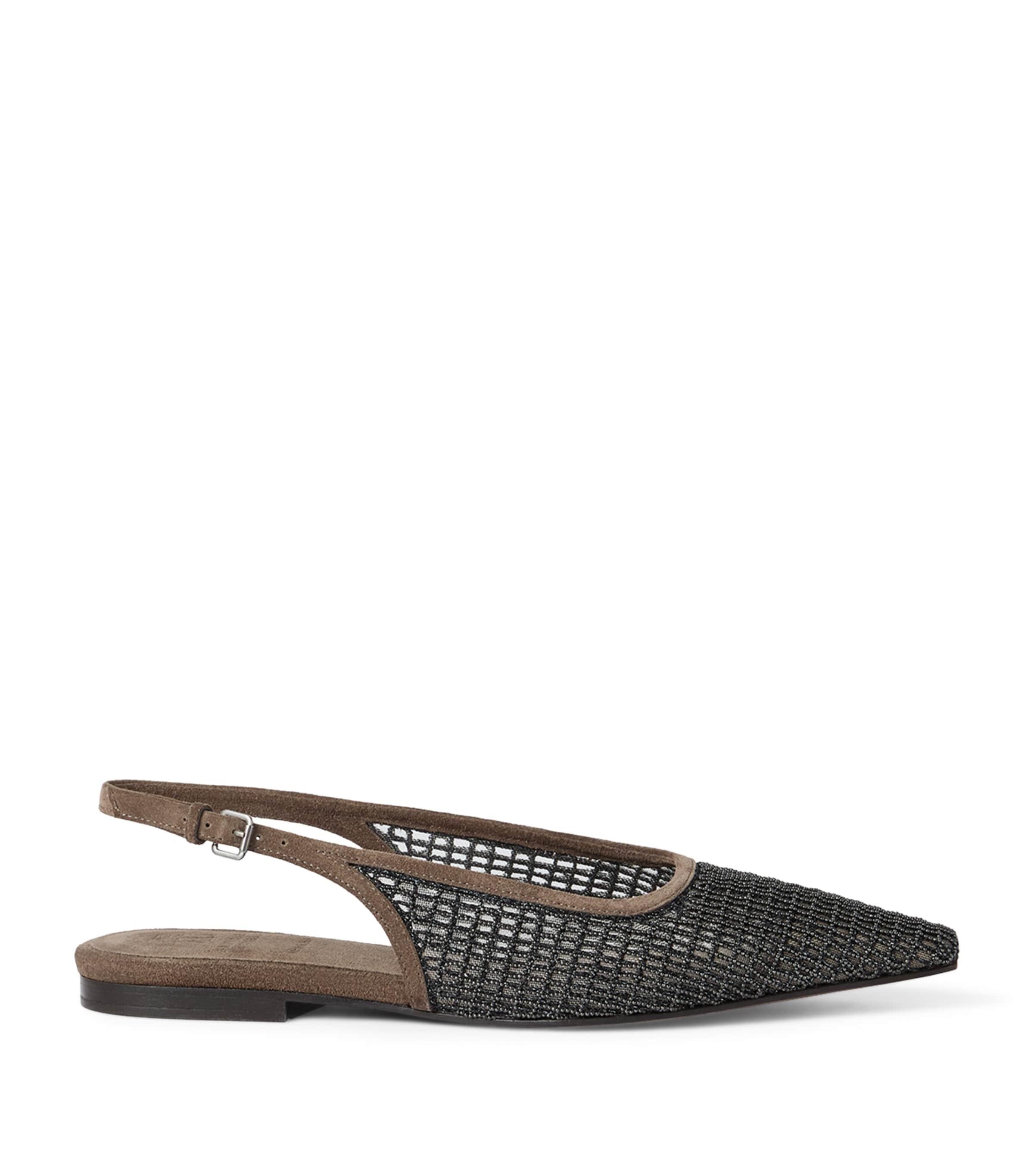 Brunello Cucinelli Suede Embroidered Slingback Flats by BRUNELLO CUCINELLI