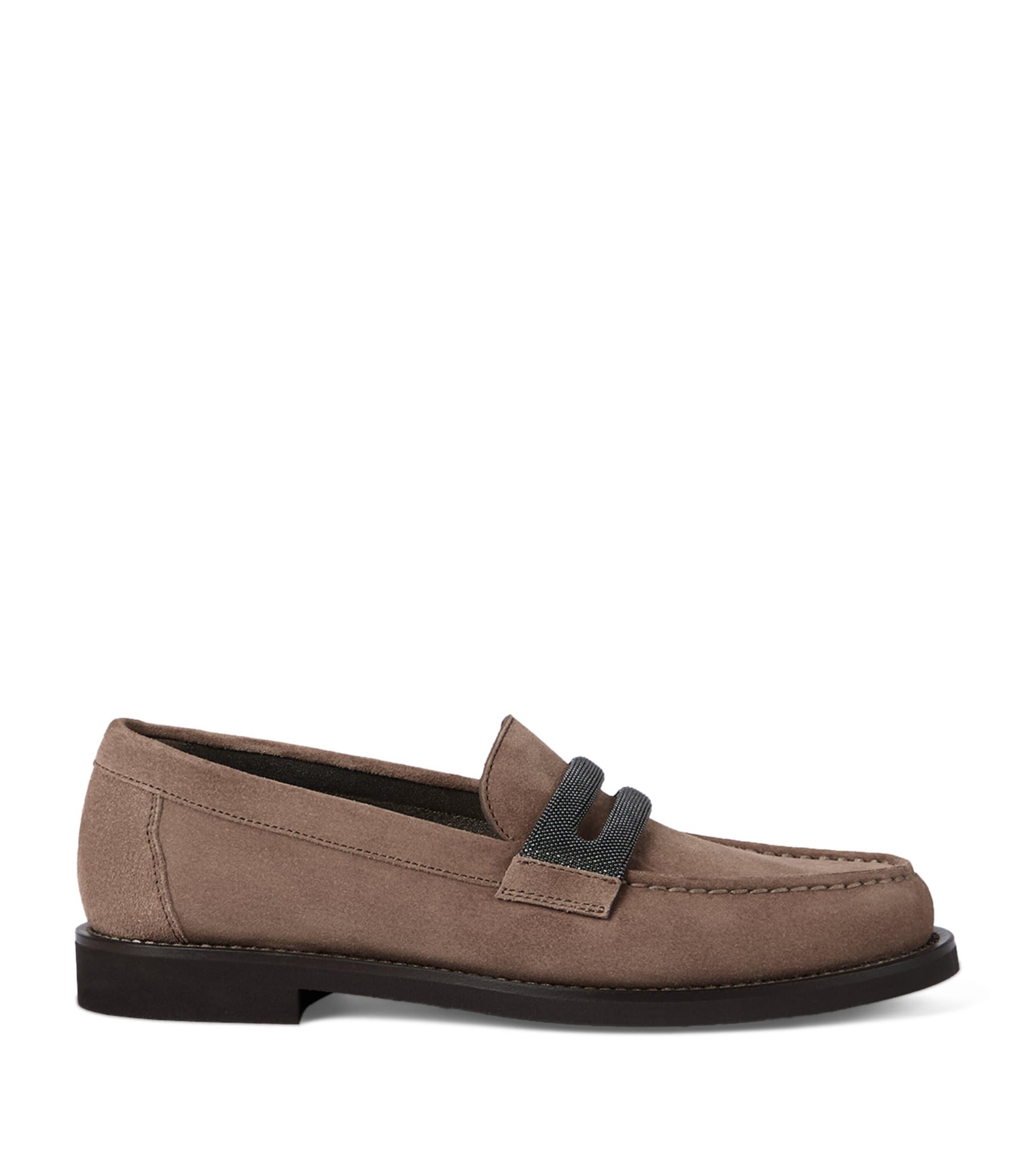 Brunello Cucinelli Suede Monili-Embroidered Penny Loafers by BRUNELLO CUCINELLI