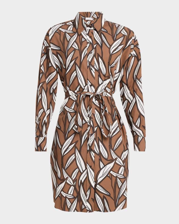 Collared Long-Sleeve Leaf-Print Cotton Dress by BRUNELLO CUCINELLI