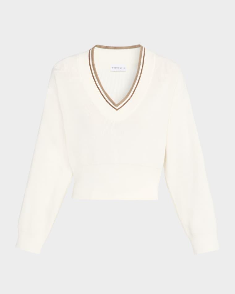 Cotton English Rib V-Neck Sweater by BRUNELLO CUCINELLI
