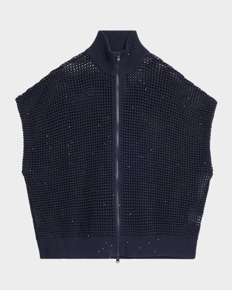 Cotton-Linen Mesh Short-Sleeve Zip Jacket by BRUNELLO CUCINELLI