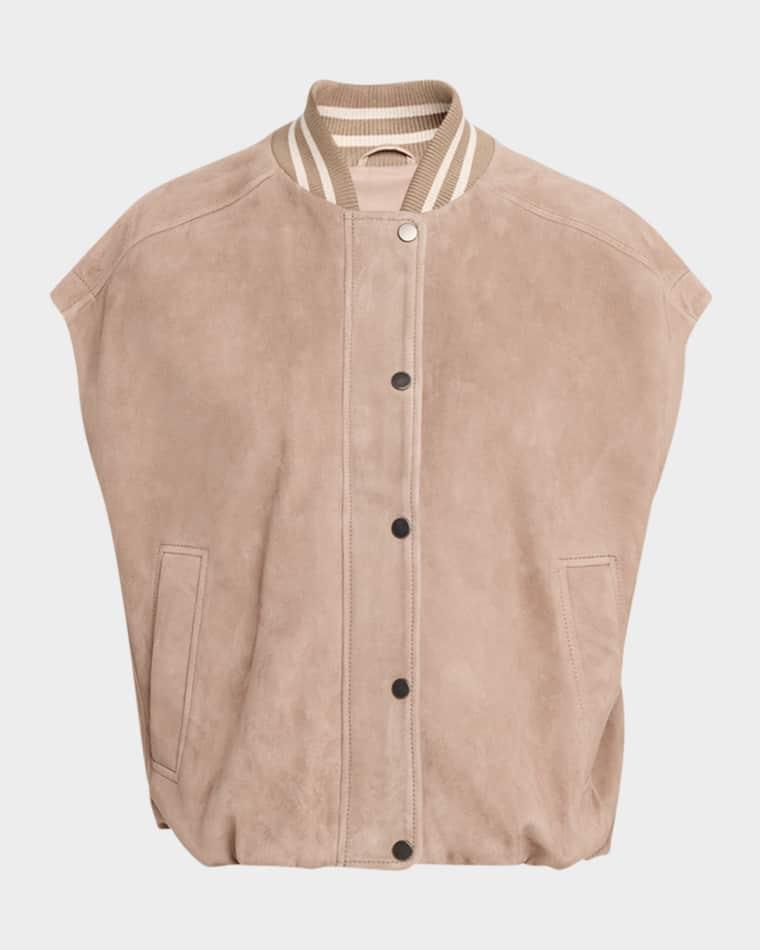 Couture Suede Sleeveless Varsity Jacket by BRUNELLO CUCINELLI