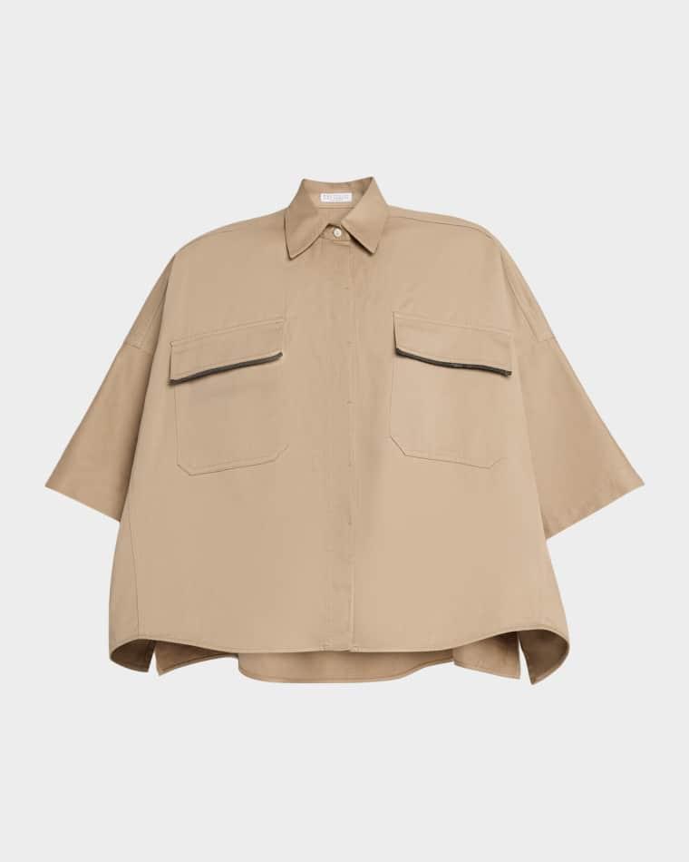 Crispy Techno Cotton Oversized Utility Shirt With Monili Trim by BRUNELLO CUCINELLI Crispy Techno Cotton Oversized Utility Shirt With Monili Trim by BRUNELLO CUCINELLI