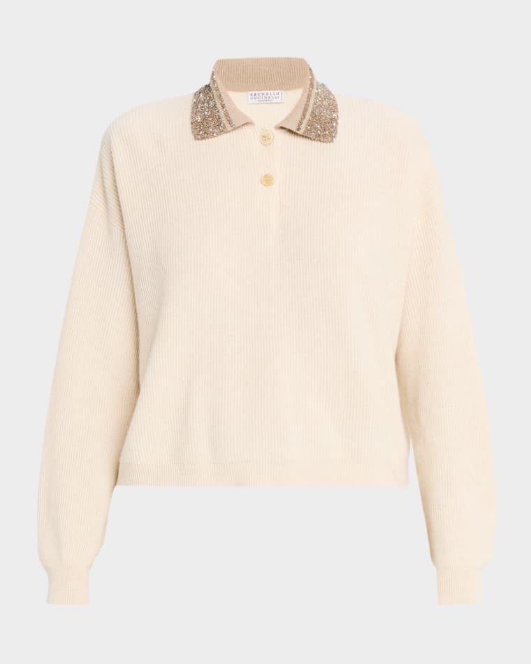 Dazzling-Collar Cashmere Rib Polo Sweater by BRUNELLO CUCINELLI
