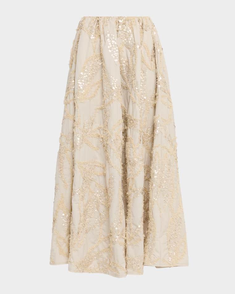 Dazzling Seabed Embroidered Techno Cotton Midi Skirt by BRUNELLO CUCINELLI