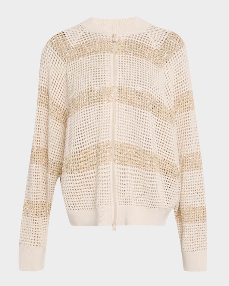 Dazzling Striped Cotton Net Bomber Cardigan by BRUNELLO CUCINELLI