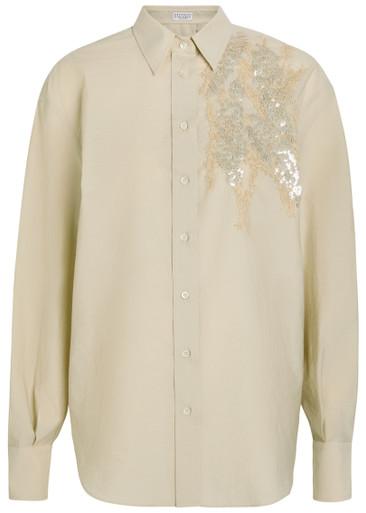 Embellished crinkled cotton-blend shirt by BRUNELLO CUCINELLI
