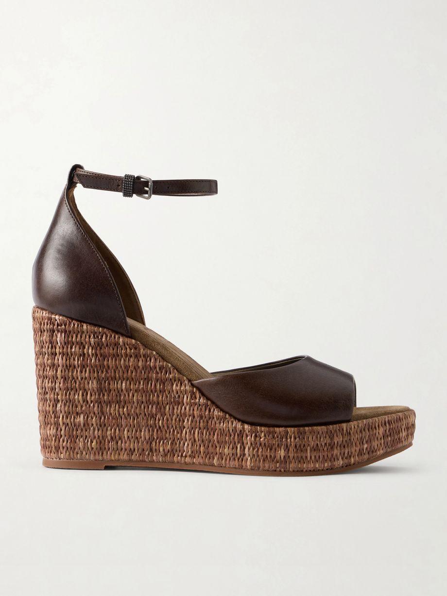 Embellished leather platform wedge espadrille sandals by BRUNELLO CUCINELLI