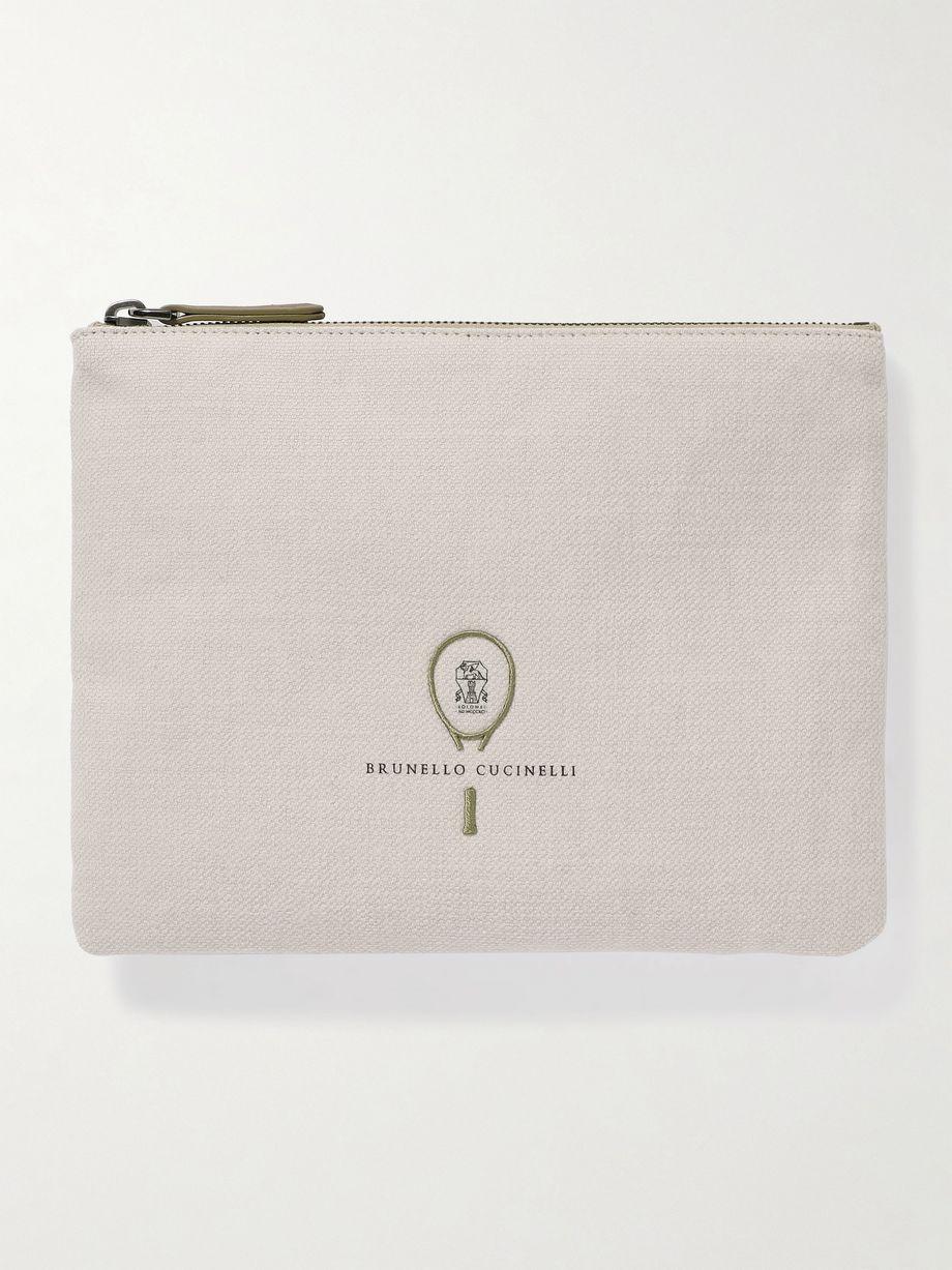 Embroidered leather-trimmed cotton and linen-blend tweed pouch by BRUNELLO CUCINELLI