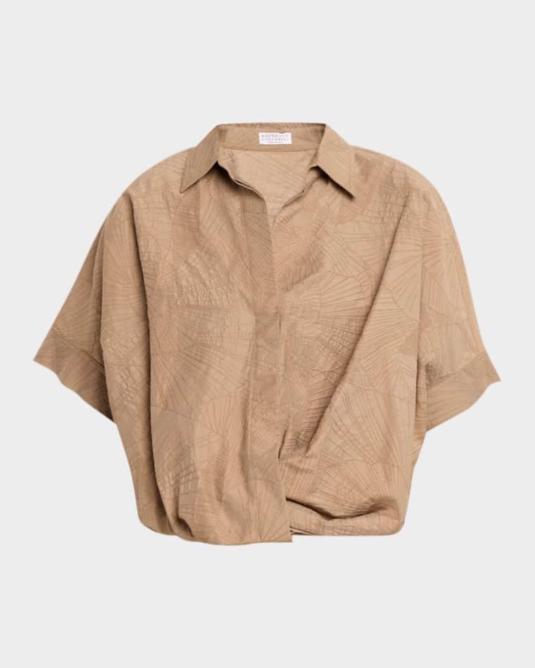 Floral Jacquard Poplin Gathered Short-Sleeve Shirt by BRUNELLO CUCINELLI