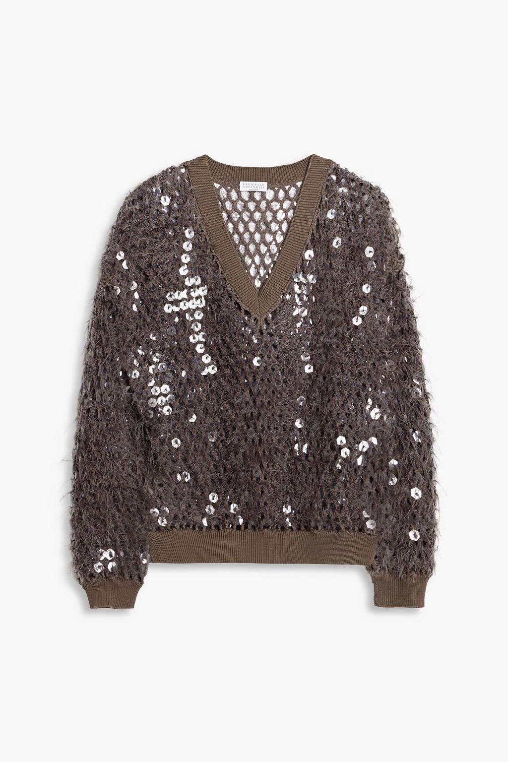 Frayed sequin-embellished open-knit cotton sweater by BRUNELLO CUCINELLI