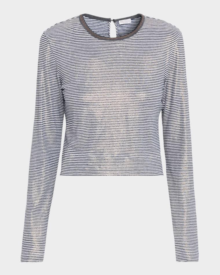 Glossy Summer Striped Long-Sleeve Crop T-Shirt by BRUNELLO CUCINELLI