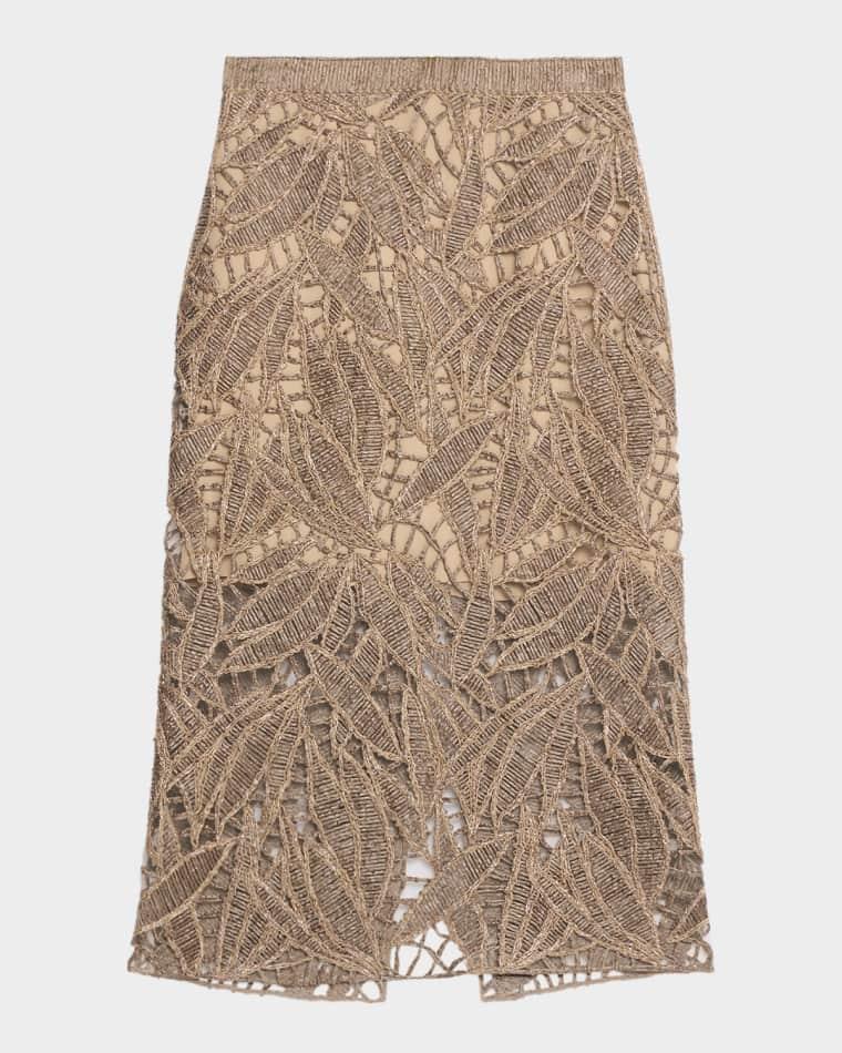Leaf-Pattern Openwork Midi Skirt by BRUNELLO CUCINELLI
