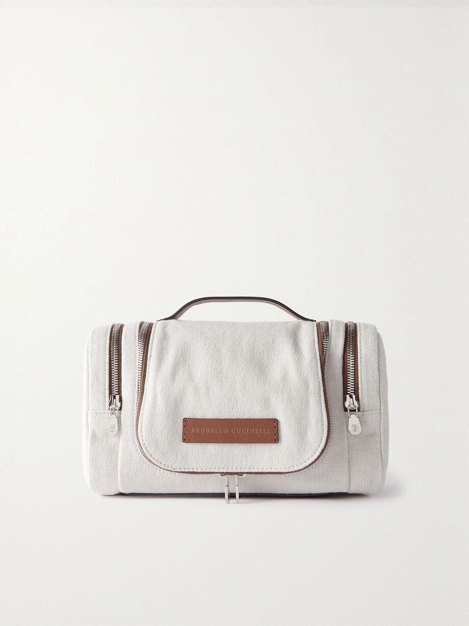 Leather-trimmed cotton and linen-blend canvas cosmetics case by BRUNELLO CUCINELLI