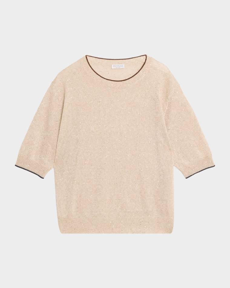 Linen-Cotton Paillette Short-Sleeve Sweater by BRUNELLO CUCINELLI