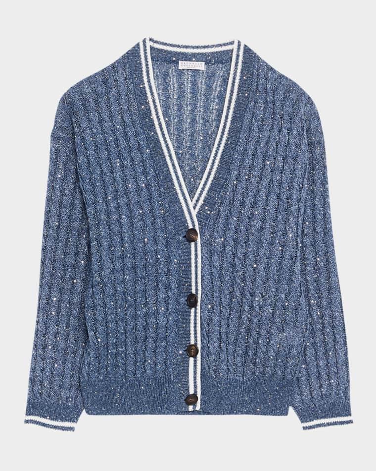 Linen Dazzling Cable Open-Knit V-Neck Cardigan by BRUNELLO CUCINELLI