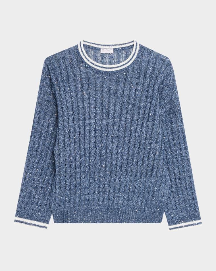 Linen Dazzling Cable Openwork Knit Crewneck Sweater by BRUNELLO CUCINELLI