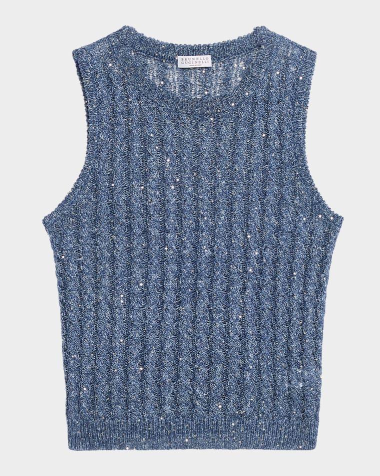 Linen Dazzling Cable Openwork Knit Tank Top by BRUNELLO CUCINELLI