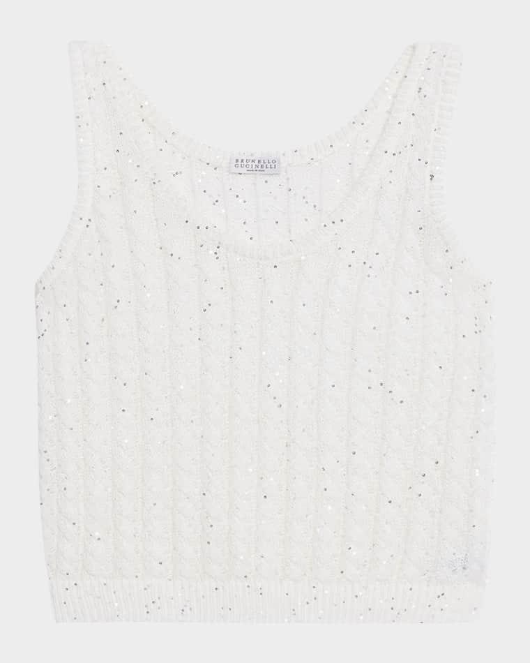 Linen Pailette Charming Cable Scoop-Neck Tank Top by BRUNELLO CUCINELLI