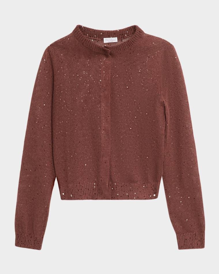 Linen-Silk Pailette Knit Crewneck Snap Cardigan by BRUNELLO CUCINELLI